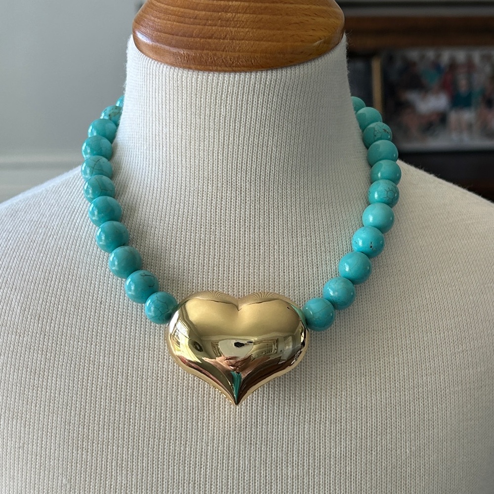 Mayamar Gold Heart Pendant with Turquoise Beads‎ adjustable Necklace